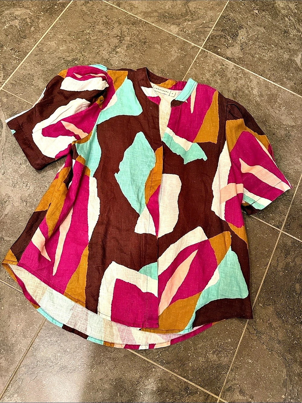 LANHTROPY Bubble Linen Shirt Abstract Linen Blouse Brown & Pink Medium